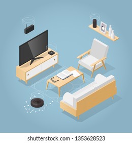 Vector isometric smart home concept illustration. Living room in mid century style full of smart home devices - vacuum cleaner, tv tuner, voice assistant and hub wirelessly connected to each other.