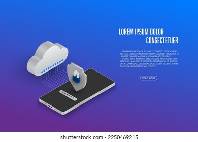Seguridad vectorial isométrica para el almacenamiento en nube de smartphones con concepto de contraseña Tecnología de fondo abstracto.
