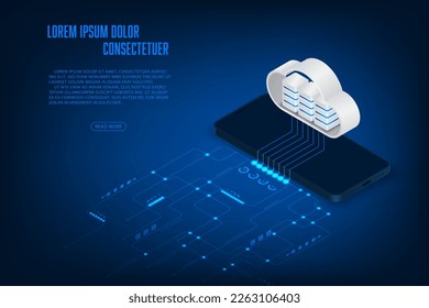 Vector isometric smartphone cloud storage concept. Technology abstract background.