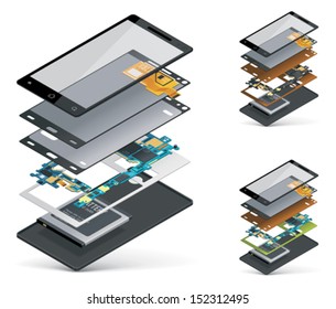 Vector isometric smartphone cutaway showing inner parts and hardware - touchscreen, motherboard, battery etc