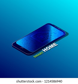 Vector isometric smartphone with digital logo smart home. Smart home concept.