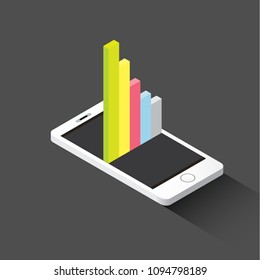 Vector isometric Smartphone with graph and charts on screen on blueprint background. Mobile analytics or big data concept icon. Mobile infographic design template.