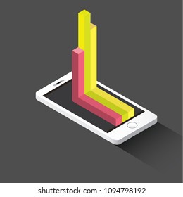 Vector isometric Smartphone with graph and charts on screen on blueprint background. Mobile analytics or big data concept icon. Mobile infographic design template.