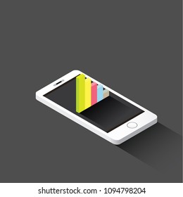 Vector isometric Smartphone with graph and charts on screen on blueprint background. Mobile analytics or big data concept icon. Mobile infographic design template.