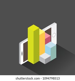 Vector isometric Smartphone with graph and charts on screen on blueprint background. Mobile analytics or big data concept icon. Mobile infographic design template.