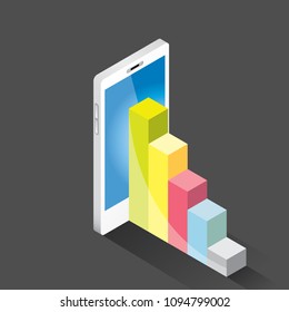 Vector isometric Smartphone with graph and charts on screen on blueprint background. Mobile analytics or big data concept icon. Mobile infographic design template.
