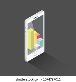 Vector isometric Smartphone with graph and charts on screen on blueprint background. Mobile analytics or big data concept icon. Mobile infographic design template.