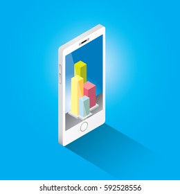 Vector isometric Smartphone with graph and charts on screen isolated on blue background. Mobile analytics or big data concept icon. Mobile infographic design template. 