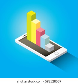 Vector isometric Smartphone with graph and charts on screen isolated on blue background. Mobile analytics or big data concept icon. Mobile infographic design template. 