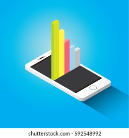 Vector isometric Smartphone with graph and charts on screen isolated on blue background. Mobile analytics or big data concept icon. Mobile infographic design template. 