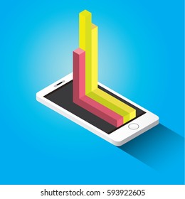 Vector isometric Smartphone with graph and charts on screen isolated on blue background. Mobile analytics or big data concept icon. Mobile infographic design template.