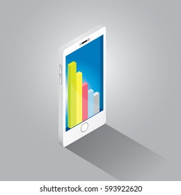 Vector isometric Smartphone with graph and charts on screen isolated on grey background. Mobile analytics or big data concept icon. Mobile infographic design template.