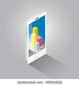 Vector isometric Smartphone with graph and charts on screen isolated on grey background. Mobile analytics or big data concept icon. Mobile infographic design template.
