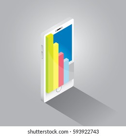 Vector isometric Smartphone with graph and charts on screen isolated on grey background. Mobile analytics or big data concept icon. Mobile infographic design template.