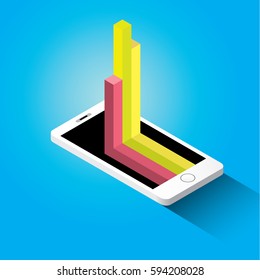 Vector isometric Smartphone with graph and charts on screen isolated on blue background. Mobile analytics or big data concept icon. Mobile infographic design template.