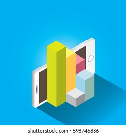Vector isometric Smartphone with graph and charts on screen isolated on blue background. Mobile analytics or big data concept icon. Mobile infographic design template.