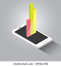 Vector isometric Smartphone with graph and charts on screen isolated on grey background. Mobile analytics or big data concept icon. Mobile infographic design template.