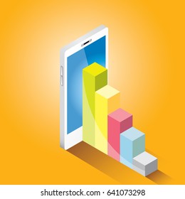 Vector isometric Smartphone with graph and charts on screen on orange background. Mobile analytics or big data concept icon. Mobile infographic design template.