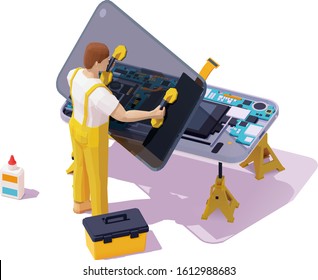 Vector isometric smartphone repair illustration. Mobile phone repair and service. Service worker or technician installing new LCD screen on disassembled mobile. Broken screen replacement