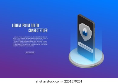 Vector isometric smartphone security with password concept Technology abstract background.