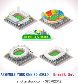 Vector ícone do estádio de futebol isométrico São Paulo Arena Morumbi Belo Orizonte Minas Gerais Estadio Mineirao Manaus Amazonas. 3D City Map estádio Jogo esporte edifício isométrico eventos vetoriais conjunto