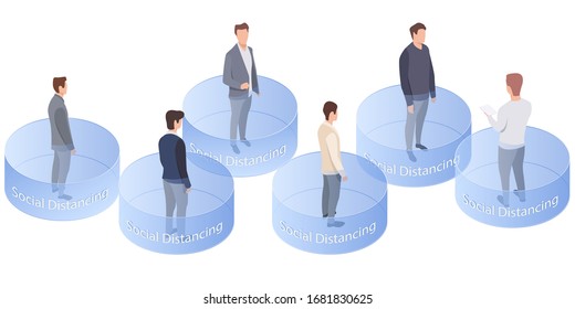 Distancia social isométrica vectorial. Personas que mantienen la distancia por riesgo de infección y enfermedad. Proteger del virus Covid-19. Zona segura manteniendo la distancia de la gente en las áreas públicas.