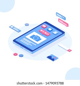 Vector isometric social media concept. Mobile phone and push notification with likes, new comments, messages and followers. Set of social media notification. online sharing, messaging and marketing