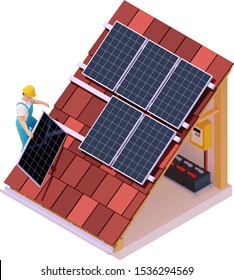 Vector Isometric Solar Panel Installation. Worker On The House Roof Installing Alternative Energy Photovoltaic Solar Panels. Electric Batteries, Switchboard Or Distribution Board