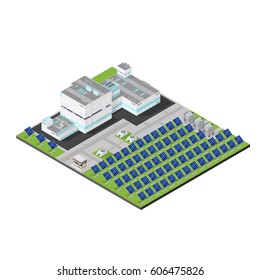 Vector Isometric Solar Power Station.
Factory Facility Illustration Generating Electricity.