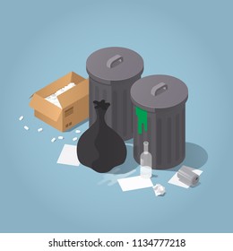 Vector isometric sorted trash illustration. trash bin with black plastic trash bag, cardboard box, glass bottle, metal can, and papers. Waste products concept.