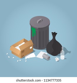 Vector isometric sorted trash illustration. trash bin with black plastic trash bag, cardboard box, glass bottle, metal can, and papers. Waste products concept.