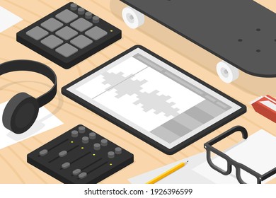 Vector isometric sound production illustration. Sound production equipment - portable tablet, midi pad, audio mixer, headphones, papers, pencil, glasses and skateboard.