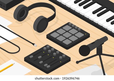 Vector isometric sound production illustration. Sound production equipment - vocal microphone with table stand, headphones, mixer, keyboard, paper, cable, pencil. svg