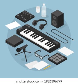 Vector isometric sound production illustration. Sound production equipment - piano, vocal microphone with table stand, cable, speaker, headphones, audio interface, midi pad, cable, paper, glasses.