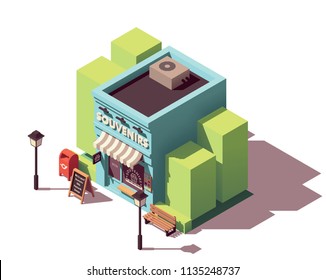 Vector isometric souvenir gift shop with signboard and awning