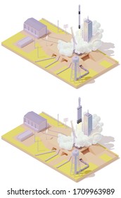 Vector isometric space rocket launch complex infographic. Modern spaceship on the launch pad. Rocket lifts off from the launch platform. Buildings and spaceport infrastructure