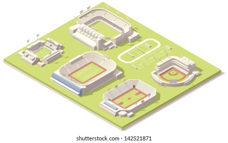 Vector isometric stadium buildings set. Includes football (soccer), american football, baseball, basketball and tennis arenas