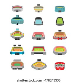 Vector isometric stadium buildings set. Includes football (soccer), american football, baseball, basketball and tennis arenas.