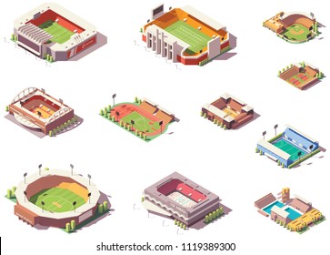 Vector isometric stadiums, arenas and rink set. Includes football, soccer, basketball, baseball, tennis and other stadiums and playing fields
