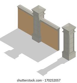 Vector isometric stone fence set, construction kit with shadow