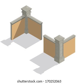 Vector isometric stone fence set, construction kit with shadow