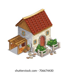 Vector isometric stone house with tile roof, wooden door and small front garden