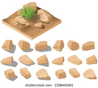 Vector isometric stones clip art with example of use. Stones set in different colors for illustrations isolated on white with semitransparent shadows and without them.