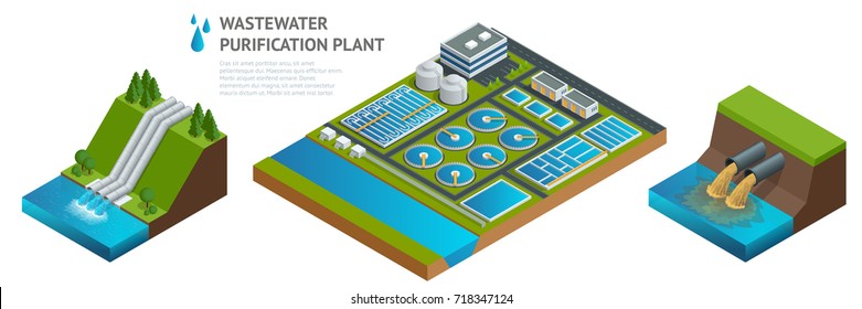Vector isometric storage tanks in sewage water treatment plant. Dirty wastewater. Discharge of liquid chemical waste. The danger for the environment.
