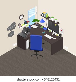 Vector isometric strictly office workplace with objects and furniture. Blue and brown colors.  Detailed 3D infographic in flat style. Bright clip art elements for your design.