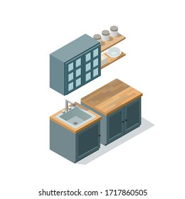 Vector isometric stylish blue kitchen furniture set