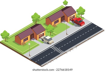 Vector isometric Suburbian buildings composition with outdoor view of two neighbourhood areas with villas and residential yards. 