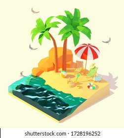 Vector isometric summer beach holidays illustration. Beach deck chairs, umbrella, swim ring, sand castle on the tropical sandy beach under palm trees. Summer vacation