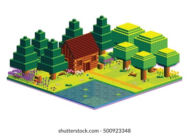 Vector Isometric Summer Forest Scene Isolated Illustration