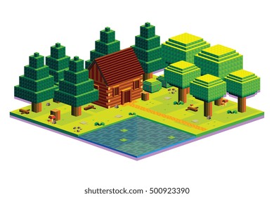 Vector Isometric Summer Forest Scene Isolated Illustration
